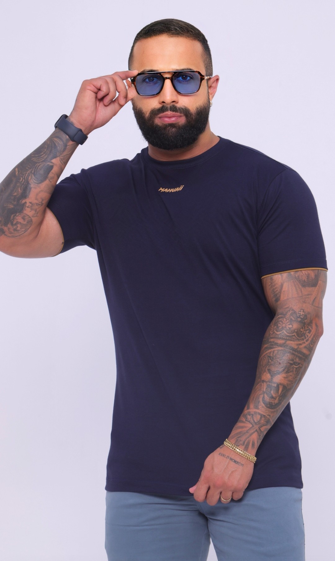 Camiseta Basic Premium Azul Marinho c/ Amarelo Ref. 003 G